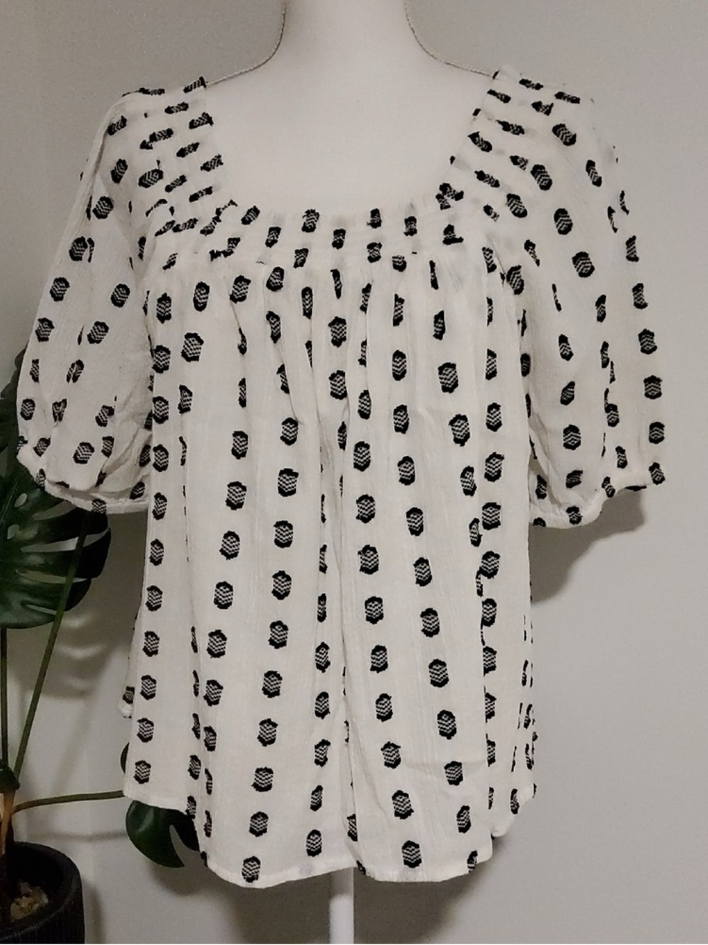 LOFT White Square-Neck Puff Sleeve Top with Black Dot Motif